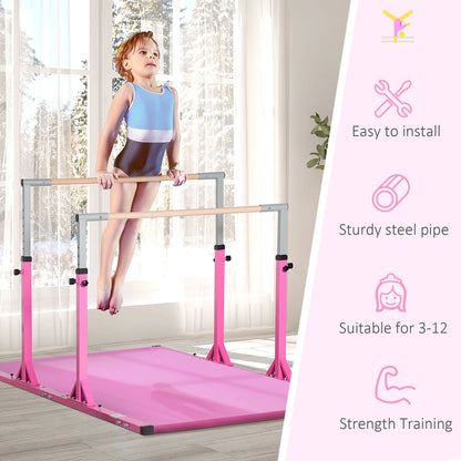 Double Horizontal Bars, Junior Gymnastic Training Parallel Bars with Double-Locking System 13-Level 36"-59" Adjustable Heights, 6-Level Adjustable Width for Indoor Outdoor, Pink