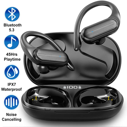 Bluetooth 5.3 IPX7 Noise Cancelling Wireless Earbuds with 45H Playtime, Black