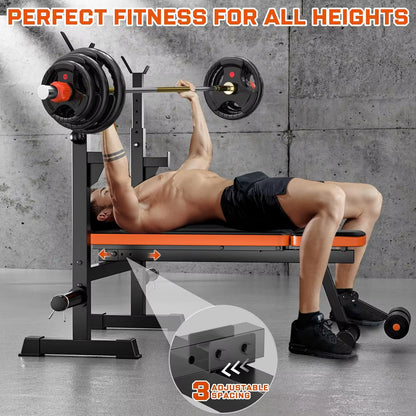 770Lbs Weight Set with Squat Rack, 5 in 1 Workout Bench Press with Removable Foot Catch, Adjustable Flat Incline Sit up Bench Fo