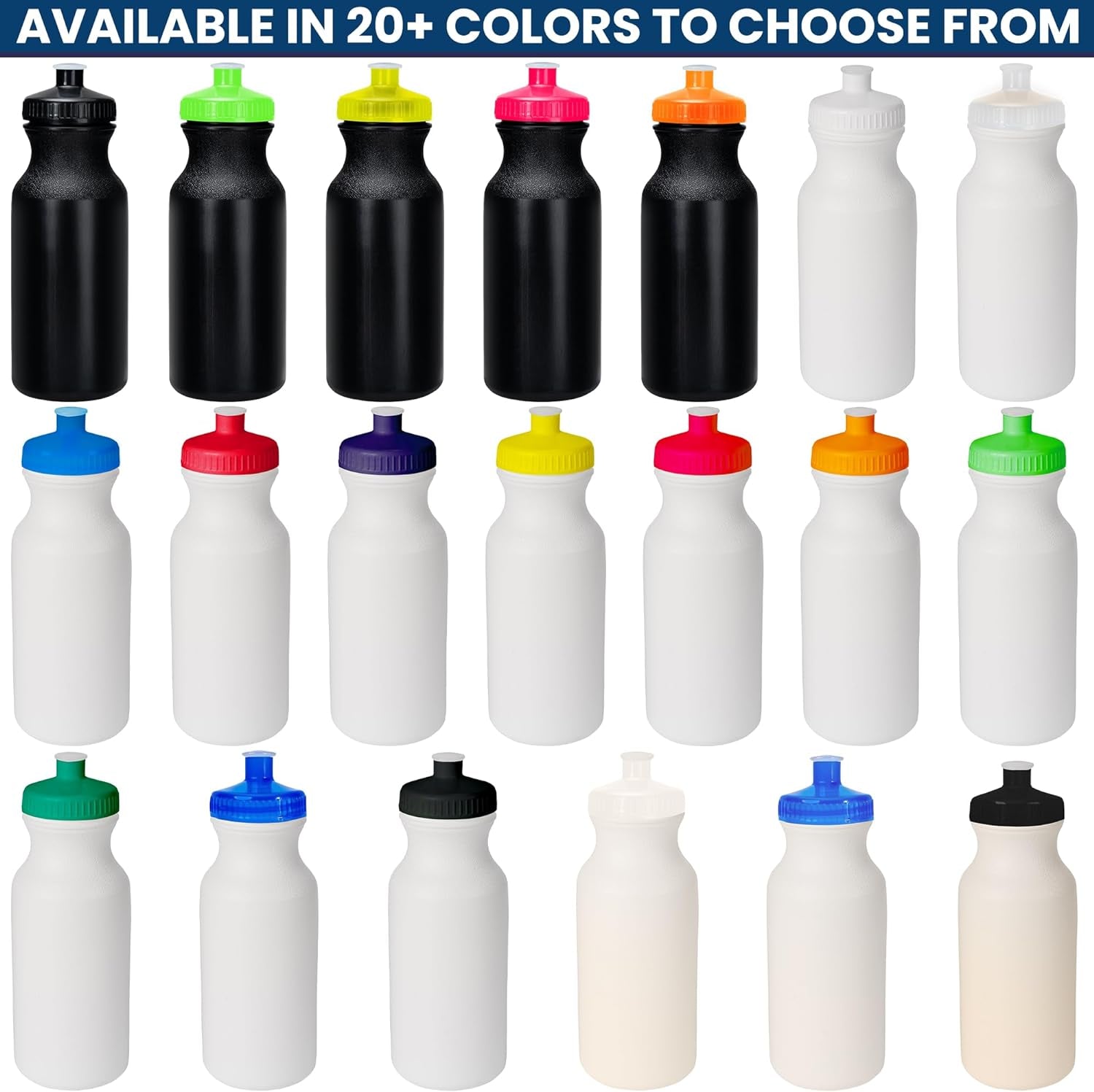 20 Oz Sports Water Bottles, Reusable No BPA Plastic, Pull Top Leakproof Drink Spout, Blank DIY Customization for Business Branding, Fundraises, (White Bottle - White Lid, 10 Pack)