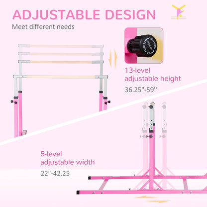 Double Horizontal Bars, Junior Gymnastic Training Parallel Bars with Double-Locking System 13-Level 36"-59" Adjustable Heights, 6-Level Adjustable Width for Indoor Outdoor, Pink