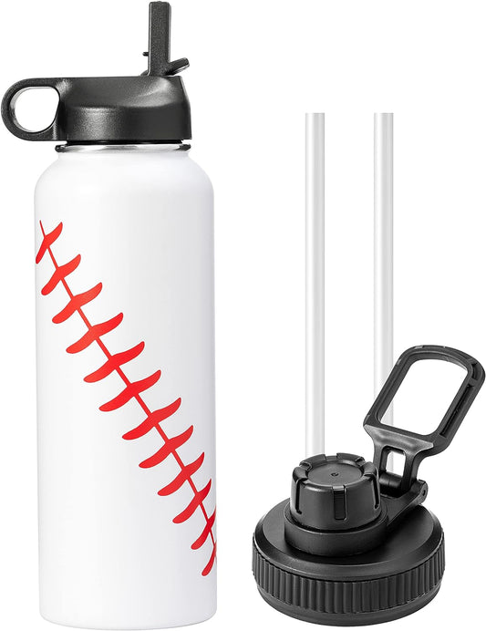 40Oz Insulated Water Bottles Stainless Steel Water Bottles with Straw Sports Water Jug Wide Mouth Water Kettle (BASEBALL, 40Oz)