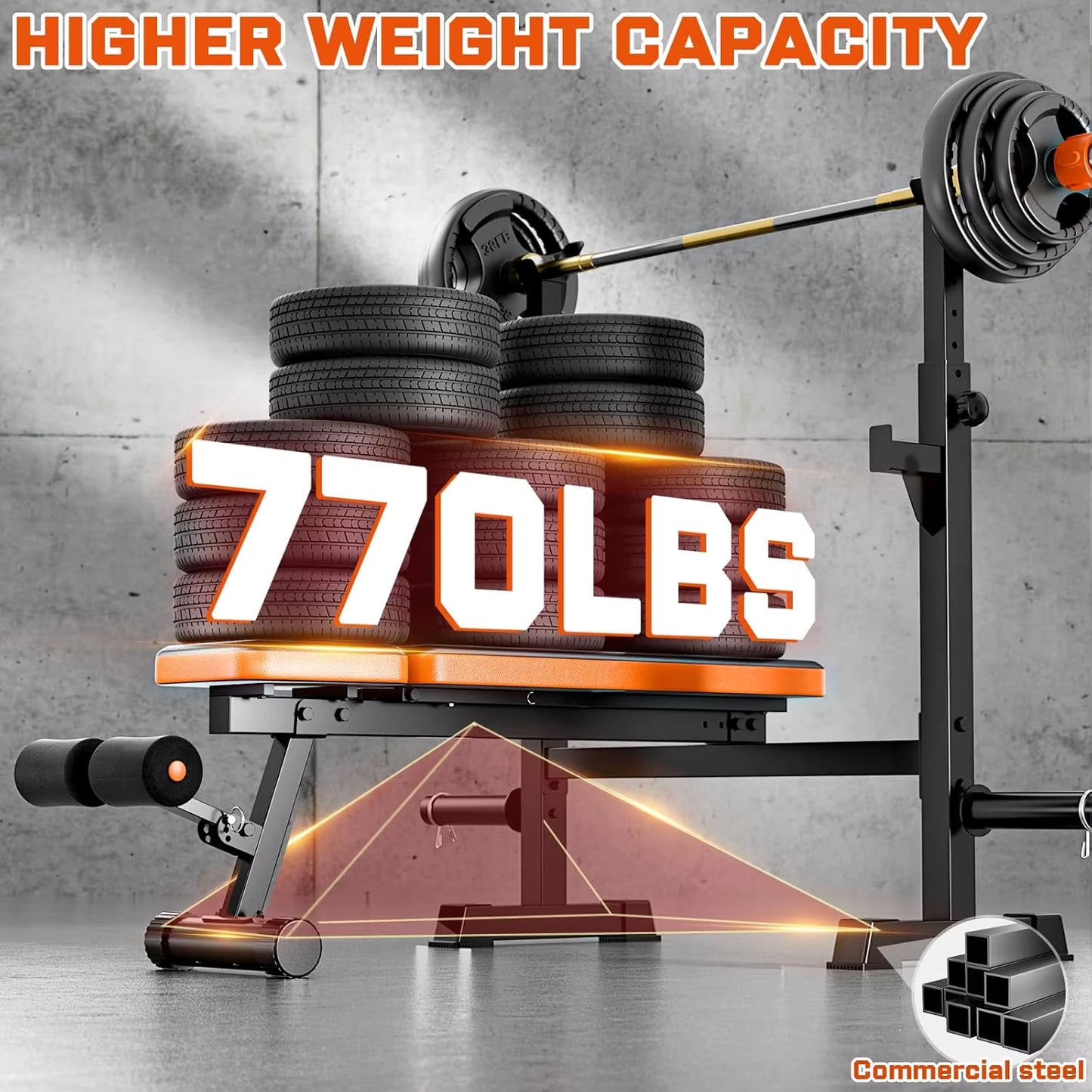 770Lbs Weight Set with Squat Rack, 5 in 1 Workout Bench Press with Removable Foot Catch, Adjustable Flat Incline Sit up Bench Fo