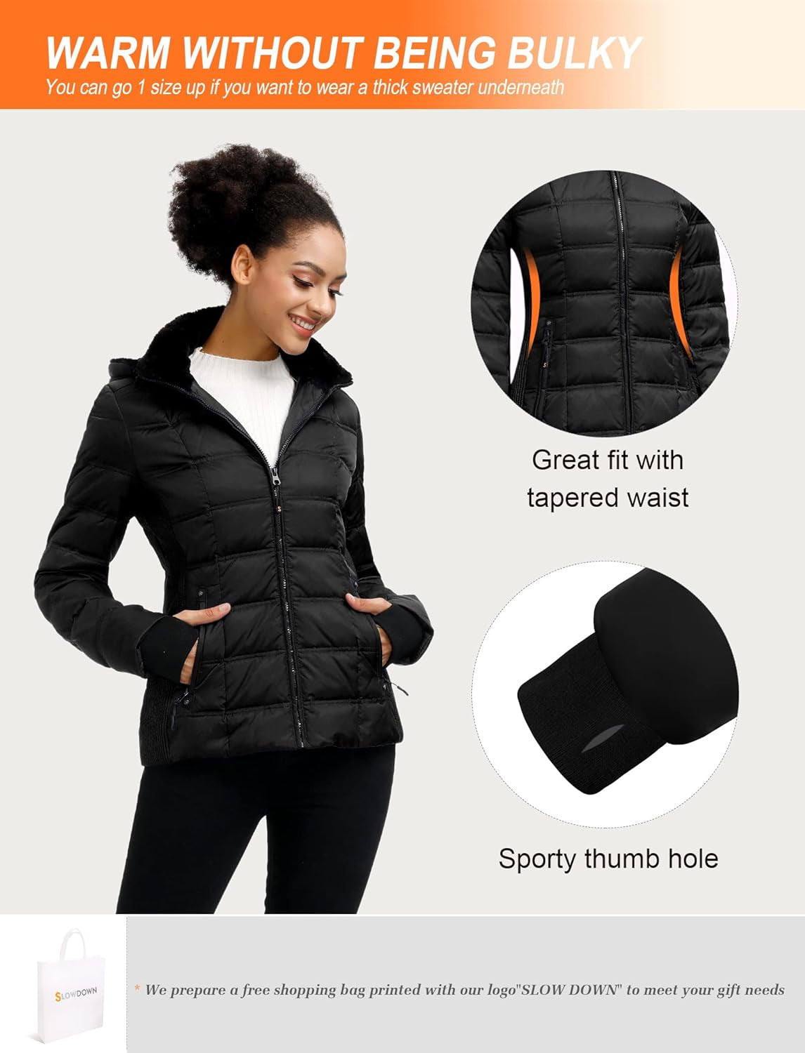 Women down Puffer Jacket with Hood Hooded Winter down Puffer Coat for Women with Faux-Fur Hood & Collar