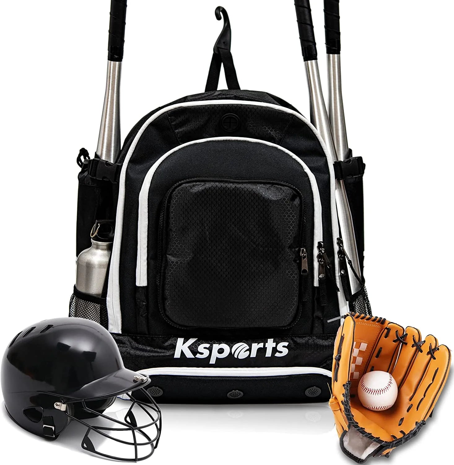 Baseball Bag Black/White Backpack for Baseball, T-Ball & Softball Equipment & Gear for Youth and Adults - Holds Bats, Helmet, Gloves, Gear - Shoe Compartment & Fence Hook