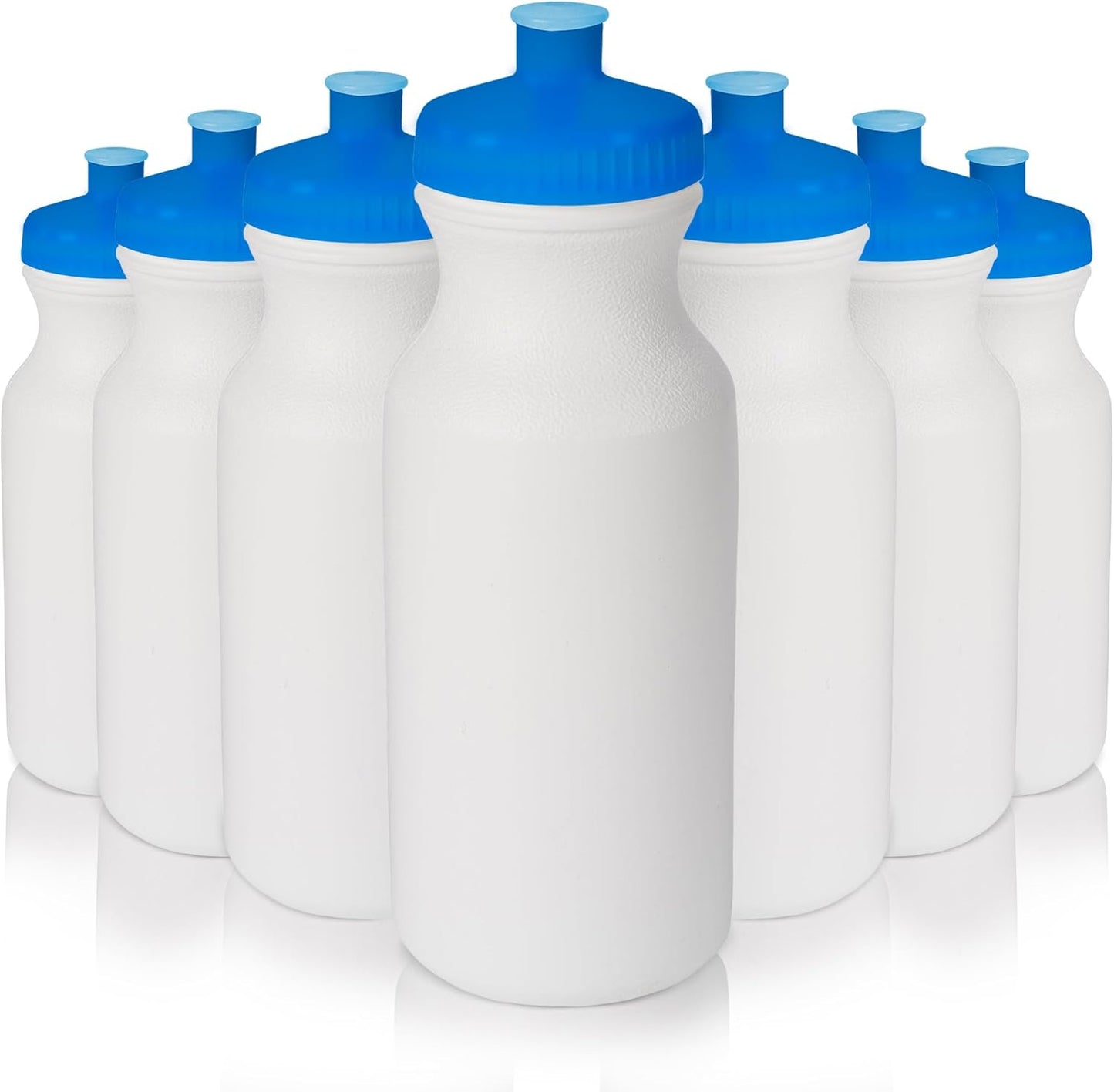 20 Oz. Bulk Water Bottles, Made in USA, Blank Plastic Reusable Water Bottles for Gym, Cycling, BPA Free, Plastic Water Bottles Pull Top Cap for Sports, White Bottle/Trans Blue Lid - 10 Pack