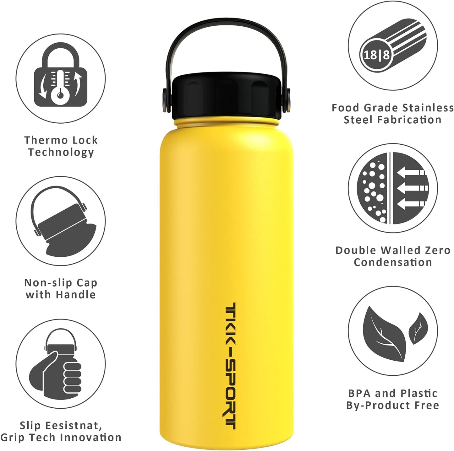 Thermos Water Bottles 32 Oz Stainless Steel Metal Water Bottle Sport Insulated Water Bottles Double Wall Sweat-Proof BPA Free Wide Mouth Yellow