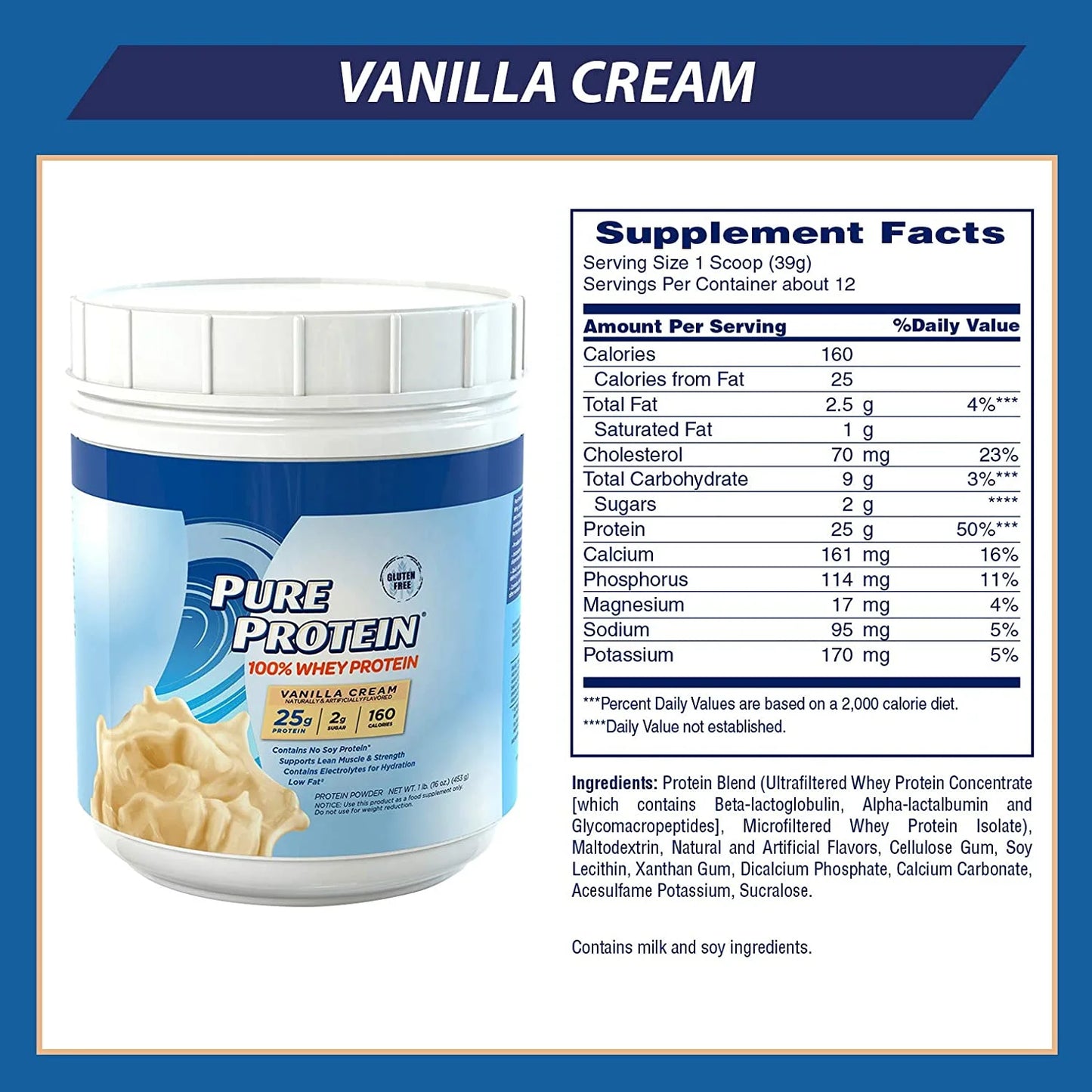 100% Whey Protein Powder, Vanilla Cream, 25G Protein, 1 Lb