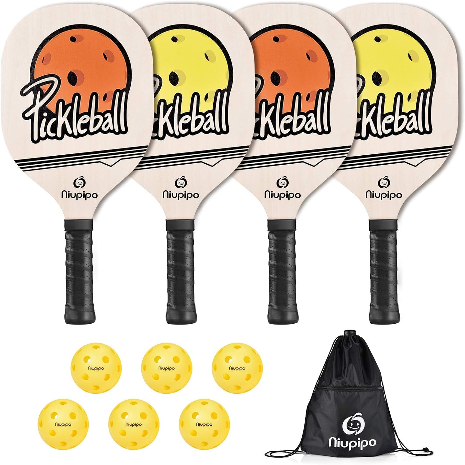 Pickleball Paddles, Pickleball Set with Balls and 1 Carry Bag, 7-Ply Basswood Wood Pickleball Paddles, Pickleball Rackets with Ergonomic Cushion Grip, Wooden Pickleball Paddle for Beginner