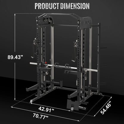 Smith Machine, All-In-One Power Rack Cage with Adjustable Cable Crossover, Vertical Leg Press and Smith Bar, Multifunctional Squat Rack with J Hook, Spotter Arms and Other