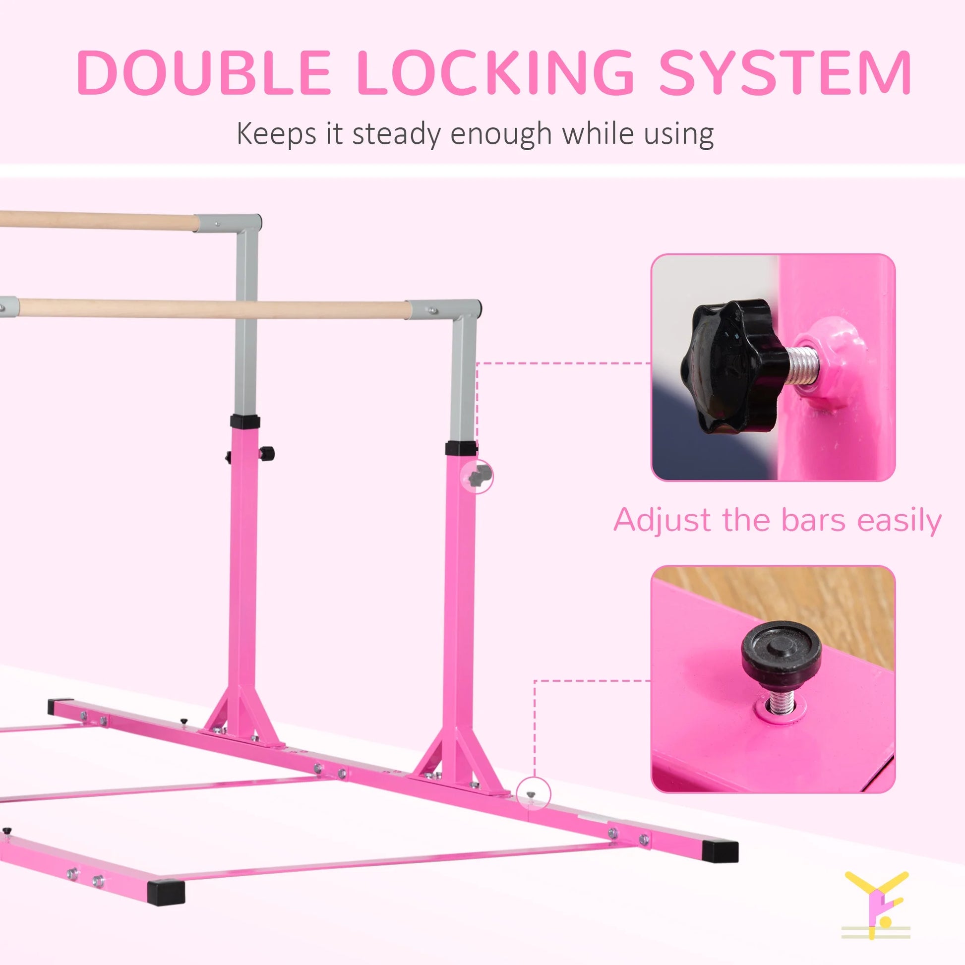 Double Horizontal Bars, Junior Gymnastic Training Parallel Bars with Double-Locking System 13-Level 36"-59" Adjustable Heights, 6-Level Adjustable Width for Indoor Outdoor, Pink