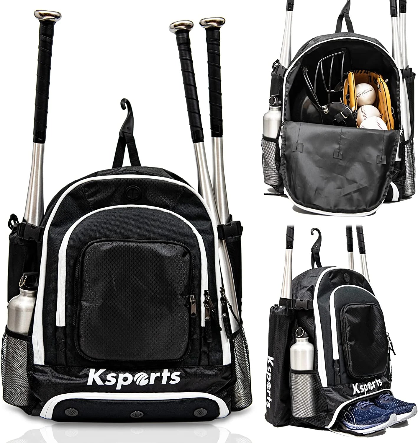 Baseball Bag Black/White Backpack for Baseball, T-Ball & Softball Equipment & Gear for Youth and Adults - Holds Bats, Helmet, Gloves, Gear - Shoe Compartment & Fence Hook