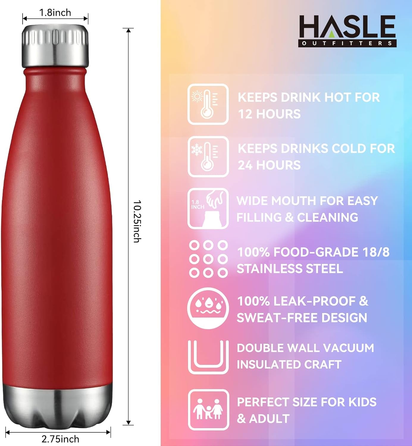 17Oz Stainless Steel Water Bottles Bulk, Vacuum Insulated Water Bottles Double Walled Powder Coated Reusable Metal Sports Water Bottles Keep Drinks Hot and Cold, Red, 4Packs