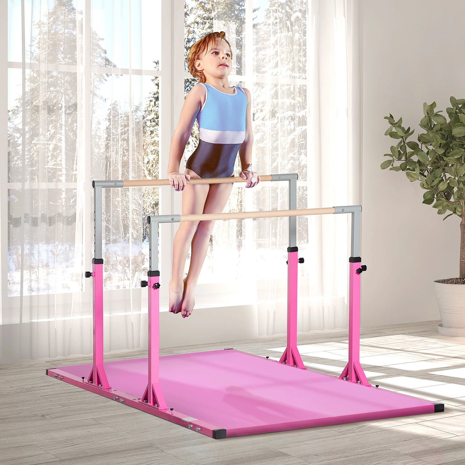 Double Horizontal Bars, Junior Gymnastic Training Parallel Bars with Double-Locking System 13-Level 36"-59" Adjustable Heights, 6-Level Adjustable Width for Indoor Outdoor, Pink