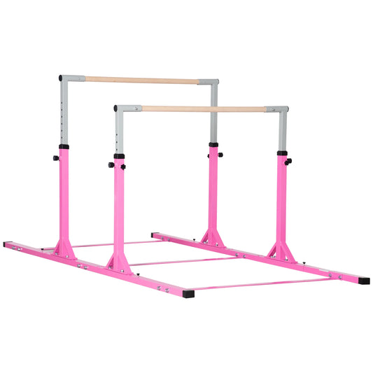 Double Horizontal Bars, Junior Gymnastic Training Parallel Bars with Double-Locking System 13-Level 36"-59" Adjustable Heights, 6-Level Adjustable Width for Indoor Outdoor, Pink