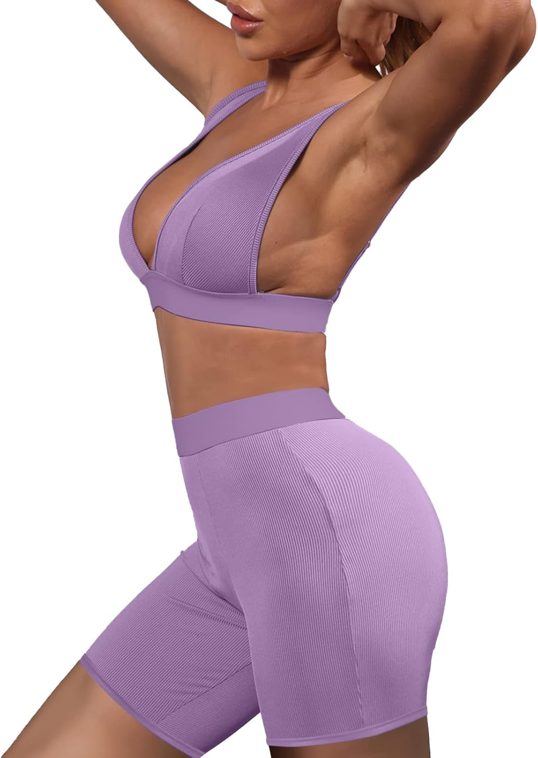 Women'S Workout Outfit 2 Pieces Workout Shorts Set Ribbed Crop Tank High Waist Yoga Sets Short Purple Small