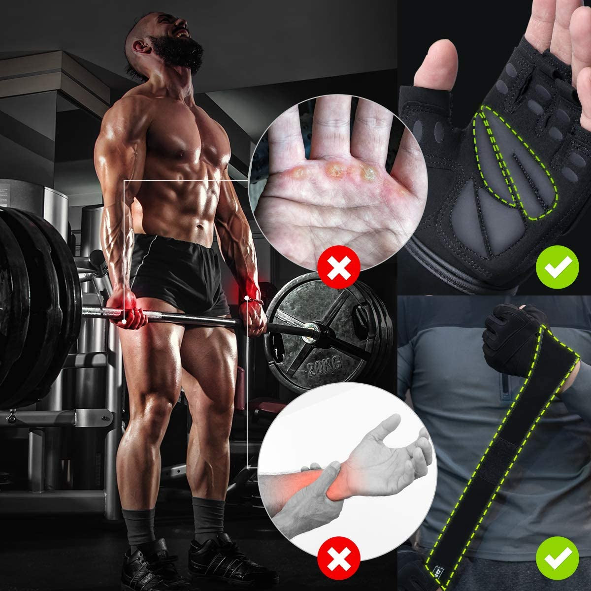 Padded Workout Gloves for Men - Gym Weight Lifting Gloves with Wrist Wrap Support, Full Palm Protection & Extra Grips for Weightlifting, Exercise, Cross Training, Fitness, Pull-Up