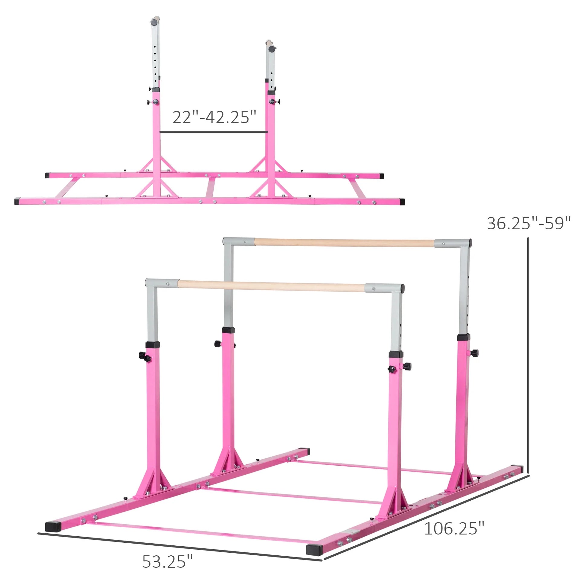 Double Horizontal Bars, Junior Gymnastic Training Parallel Bars with Double-Locking System 13-Level 36"-59" Adjustable Heights, 6-Level Adjustable Width for Indoor Outdoor, Pink