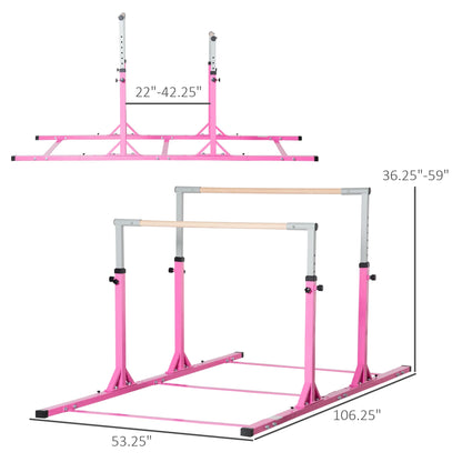 Double Horizontal Bars, Junior Gymnastic Training Parallel Bars with Double-Locking System 13-Level 36"-59" Adjustable Heights, 6-Level Adjustable Width for Indoor Outdoor, Pink