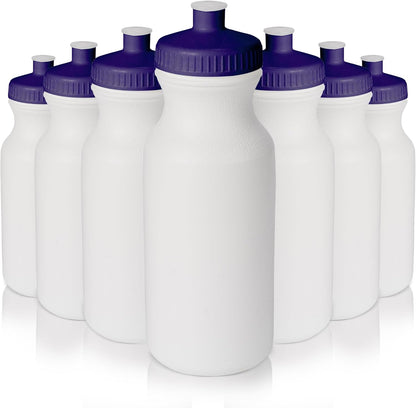 20 Oz. Bulk Water Bottles, Made in USA, Blank Plastic Reusable Water Bottles for Gym, Cycling, BPA Free, Plastic Water Bottles Pull Top Cap for Sports, White Bottle/Purple Lid - 10 Pack