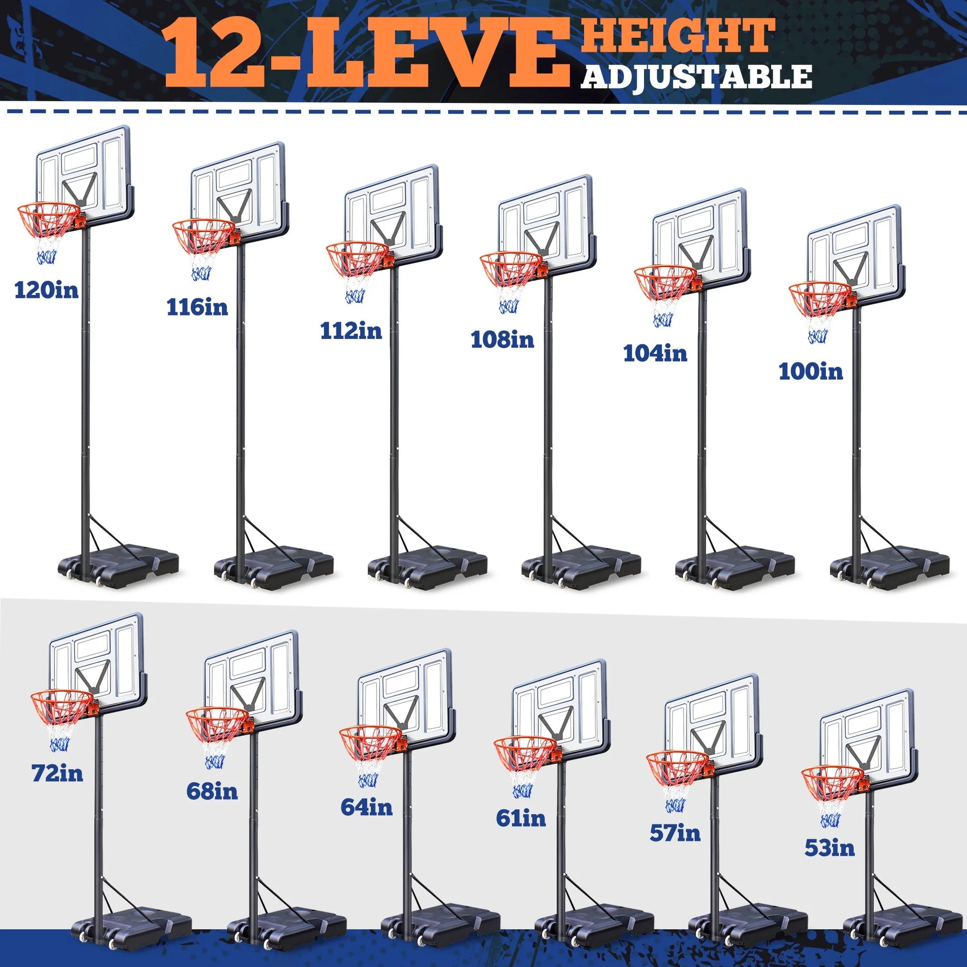 44" Portable Basketball Hoop System, 4.4-10 Ft Height Adjustable Basketball Goal System with Wheels and Shatterproof Backboard and Large Base for Adults Kids Outdoor Indoor Court