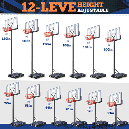 44" Portable Basketball Hoop System, 4.4-10 Ft Height Adjustable Basketball Goal System with Wheels and Shatterproof Backboard and Large Base for Adults Kids Outdoor Indoor Court