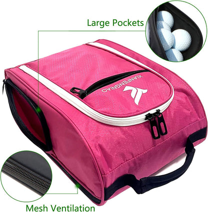 Golf Shoe Bag for Women，Zippered Golf Shoe Carrier Bag with Ventilation and 3 External Pockets for Golf Balls, Golf Glove, Tees and Other Golf Accessories(Red)