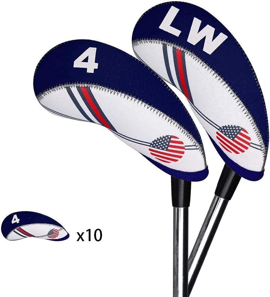 Golf Iron Head Covers 10Pcs Neoprene USA Flag Golf Club Protector Multi Color Golf Club Protector (Blue)