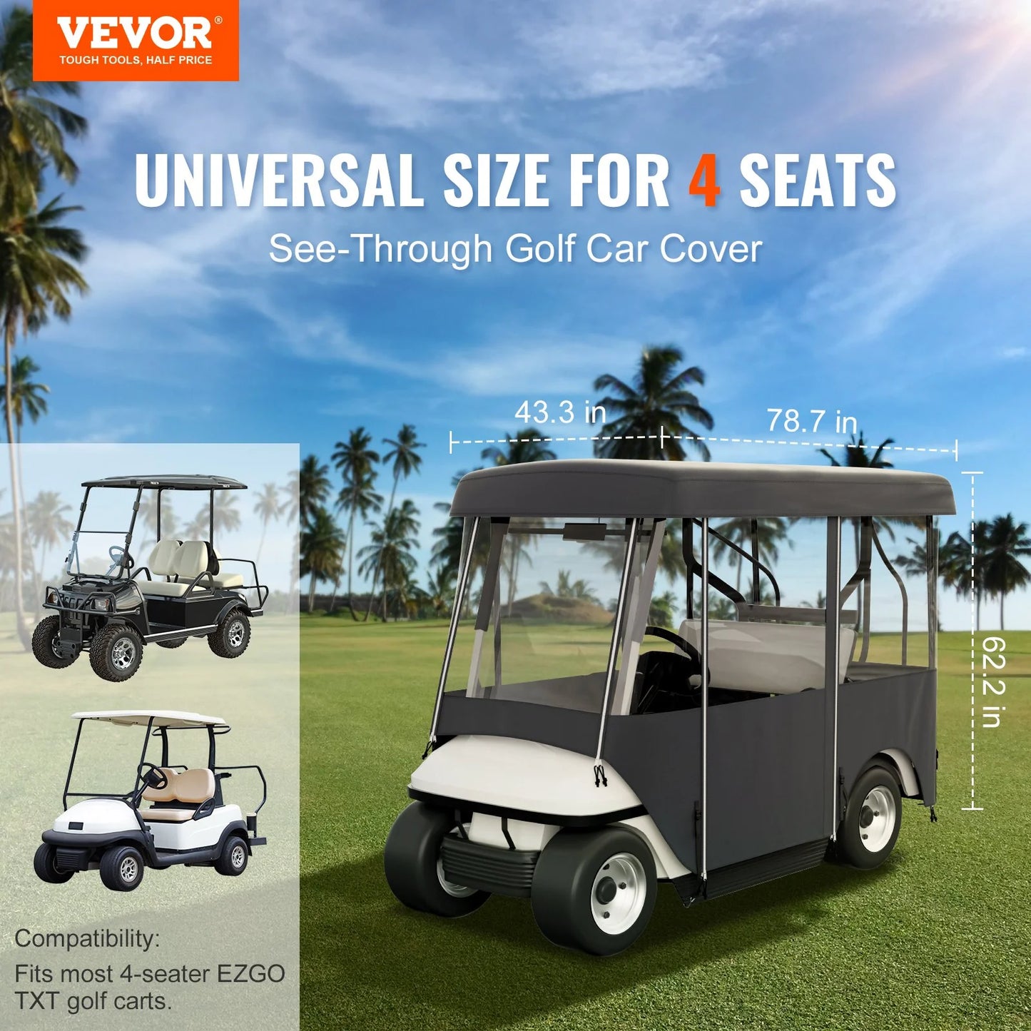 VEVOR Golf Cart Enclosure, 4-Person Golf Cart Cover, 4-Sided Fairway Deluxe, 300D Waterproof Driving Enclosure with Transparent Windows, Fit for EZGO, Club Car, Yamaha Cart (Roof up to 78.7''L)