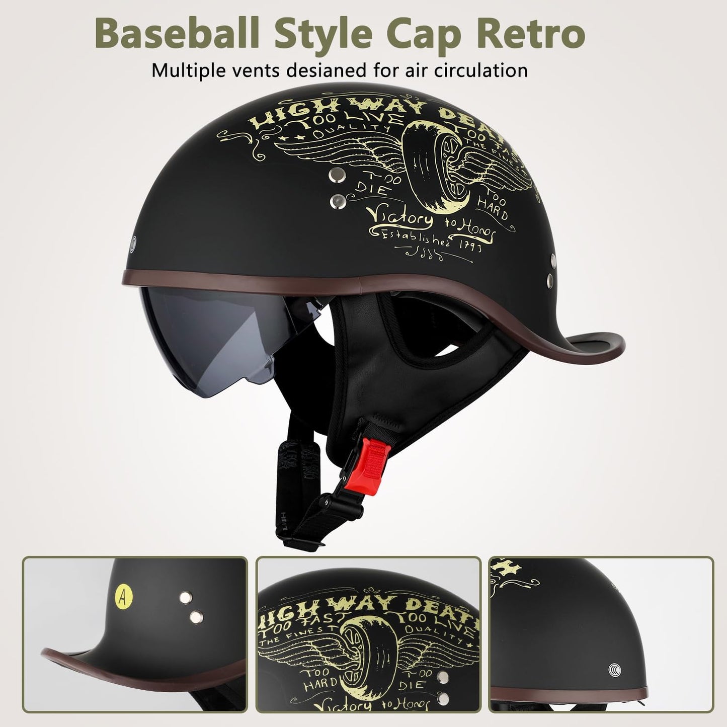 Hat Motorcycle Half Helmet, Retro Street Adult Men and Women Open Face Motorcycle Helmet, Motorcycle Moped Street Bike DOT Approved.