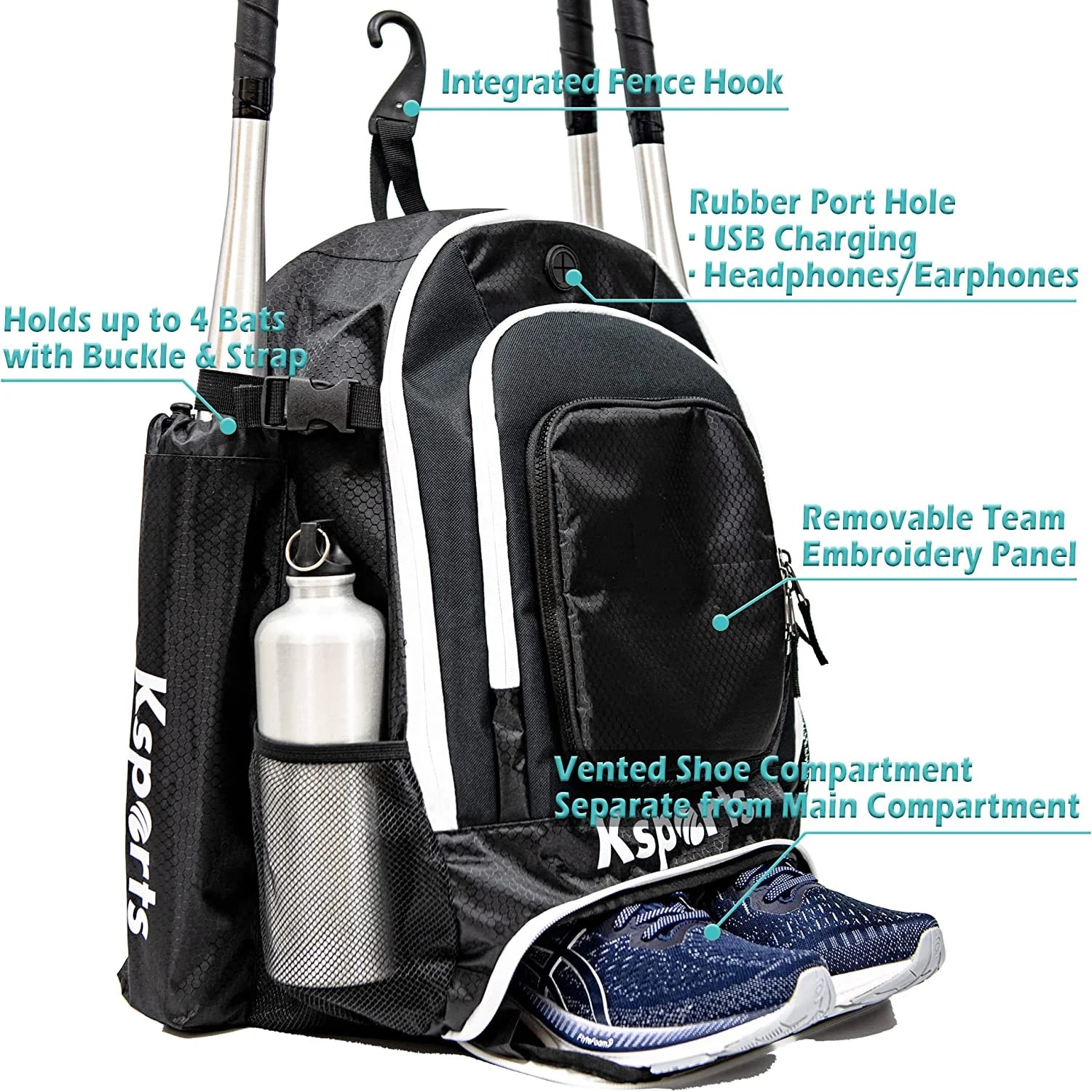 Baseball Bag Black/White Backpack for Baseball, T-Ball & Softball Equipment & Gear for Youth and Adults - Holds Bats, Helmet, Gloves, Gear - Shoe Compartment & Fence Hook