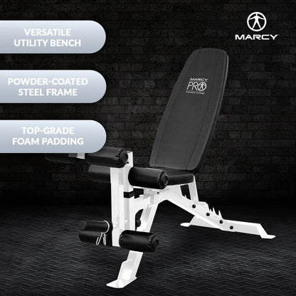 Foldable and Adjustable Weight Bench with Leg Extension, White/Black