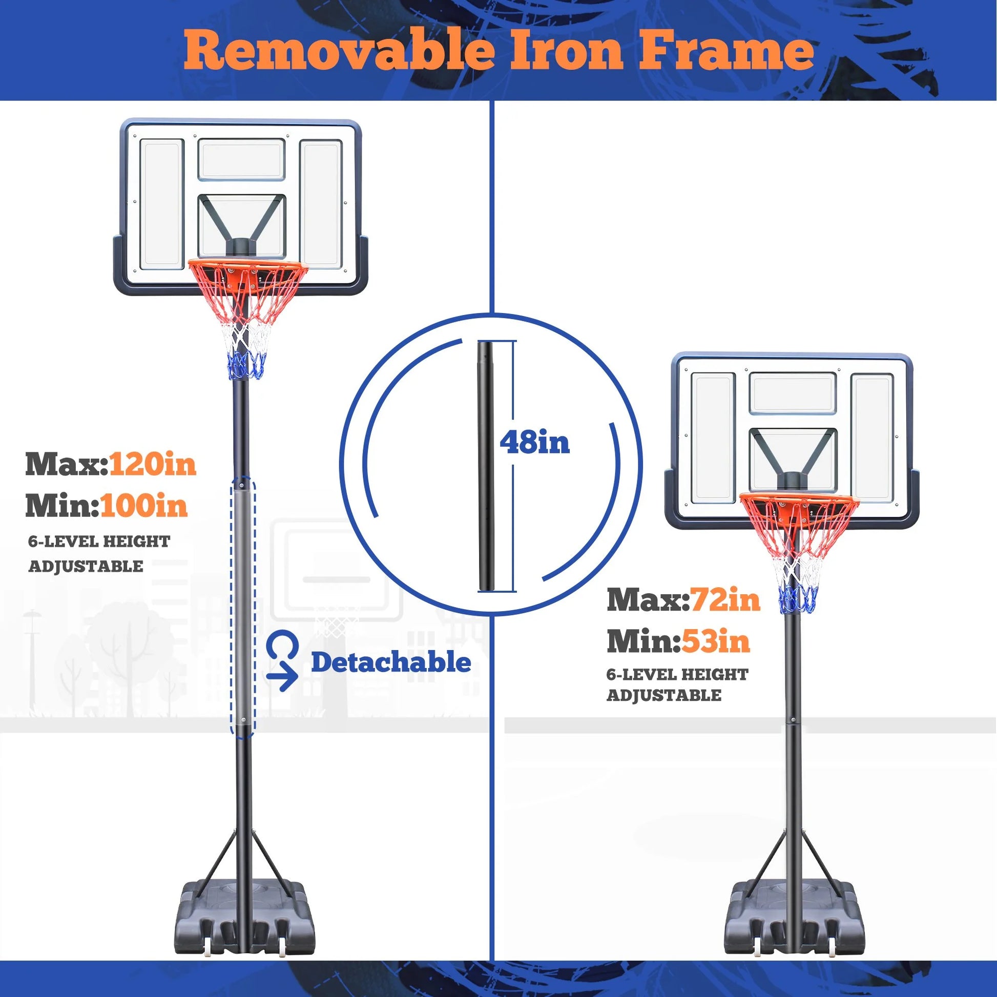 44" Portable Basketball Hoop System, 4.4-10 Ft Height Adjustable Basketball Goal System with Wheels and Shatterproof Backboard and Large Base for Adults Kids Outdoor Indoor Court