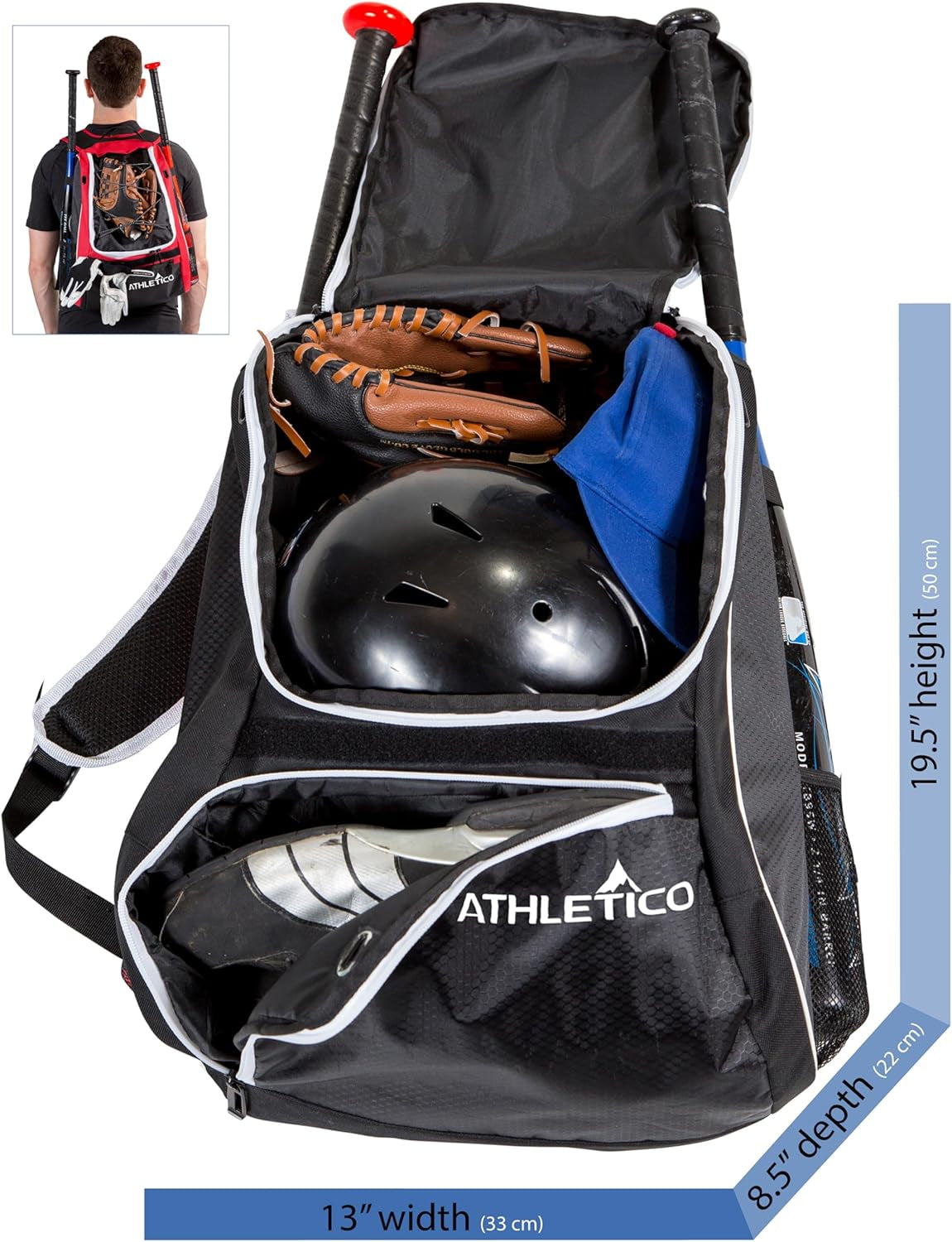 Baseball Bat Bag - Backpack for Baseball, T-Ball & Softball Equipment & Gear for Youth and Adults | Holds Bat, Helmet, Glove, & Shoes |Shoe Compartment & Fence Hook