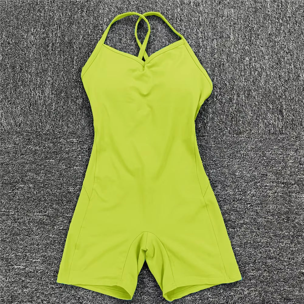 Backless Sports Woman 2023 Lycra Fitness Overalls One Piece Jumpsuit Shorts Sport Outfit Gym Workout Clothes for Women Sportwear