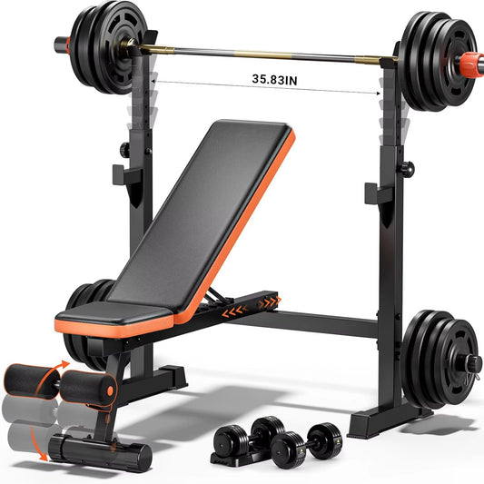 770Lbs Weight Set with Squat Rack, 5 in 1 Workout Bench Press with Removable Foot Catch, Adjustable Flat Incline Sit up Bench Fo