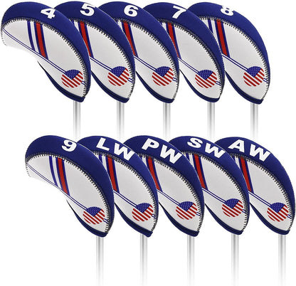 Golf Iron Head Covers 10Pcs Neoprene USA Flag Golf Club Protector Multi Color Golf Club Protector (Blue)