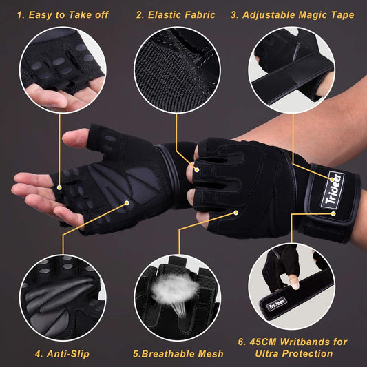 Padded Workout Gloves for Men - Gym Weight Lifting Gloves with Wrist Wrap Support, Full Palm Protection & Extra Grips for Weightlifting, Exercise, Cross Training, Fitness, Pull-Up