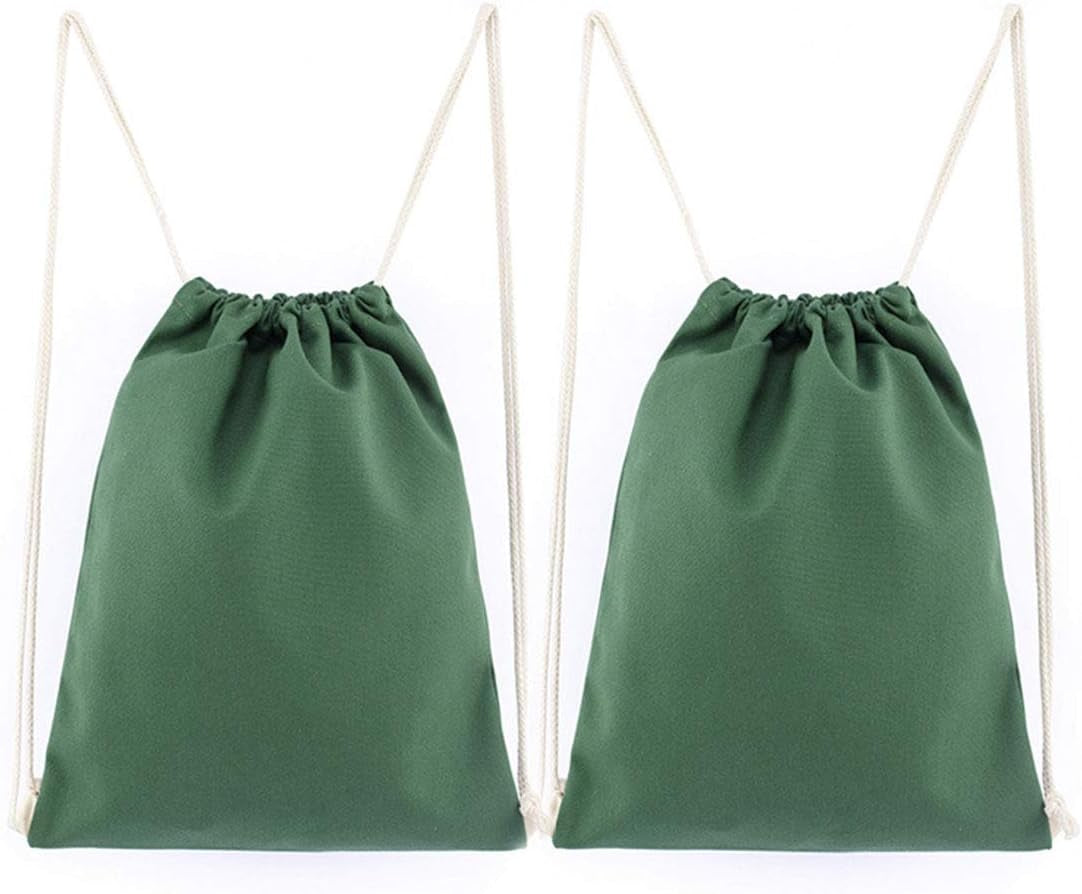 2-Pack Cotton Canvas Drawstring Backpack Gym Bag Sackpack String Sack Pack Bags, Green