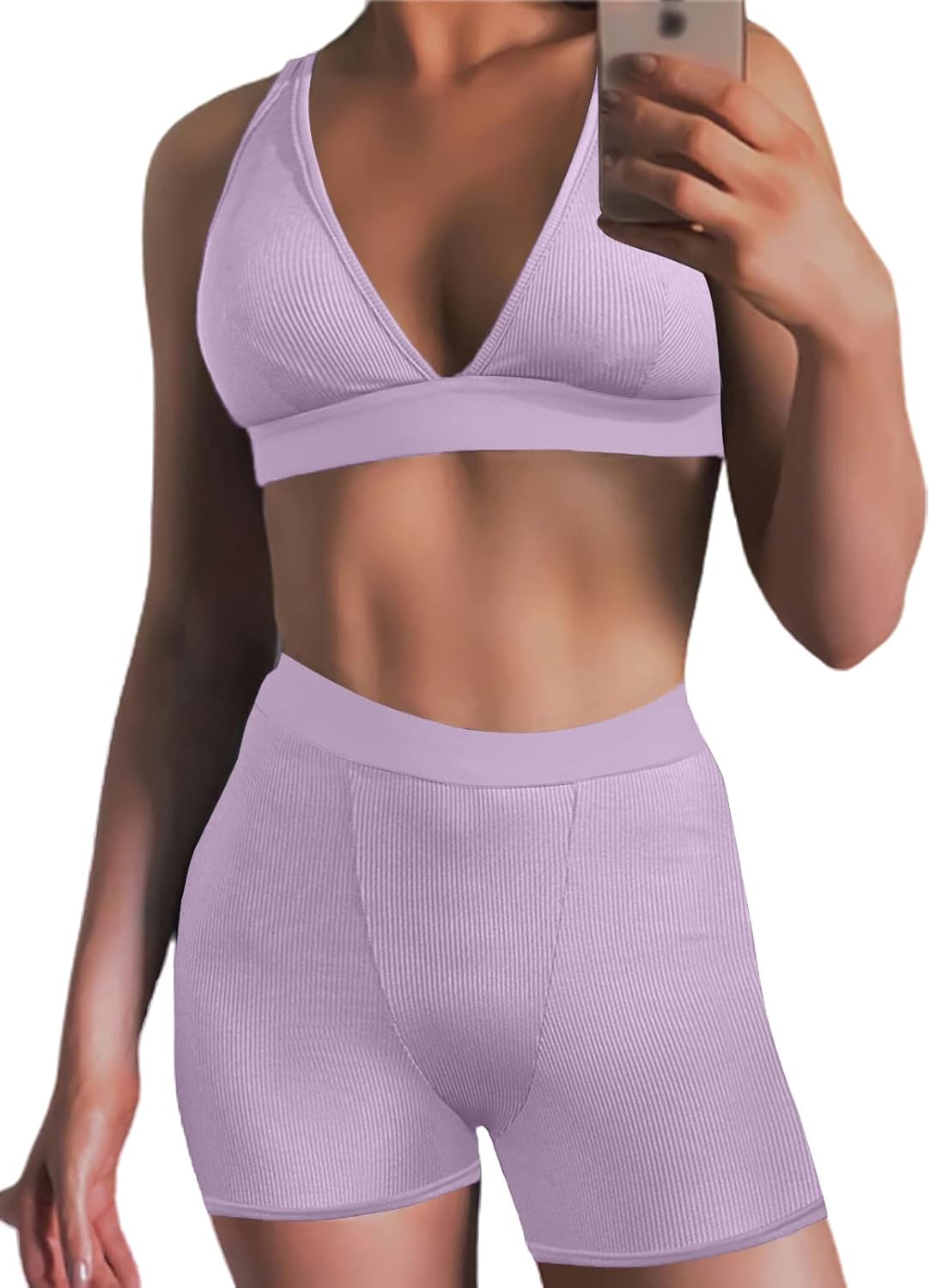 Women'S Workout Outfit 2 Pieces Workout Shorts Set Ribbed Crop Tank High Waist Yoga Sets Short Purple Small