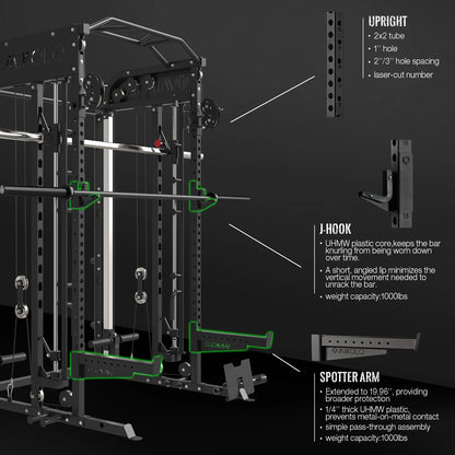 Smith Machine, All-In-One Power Rack Cage with Adjustable Cable Crossover, Vertical Leg Press and Smith Bar, Multifunctional Squat Rack with J Hook, Spotter Arms and Other